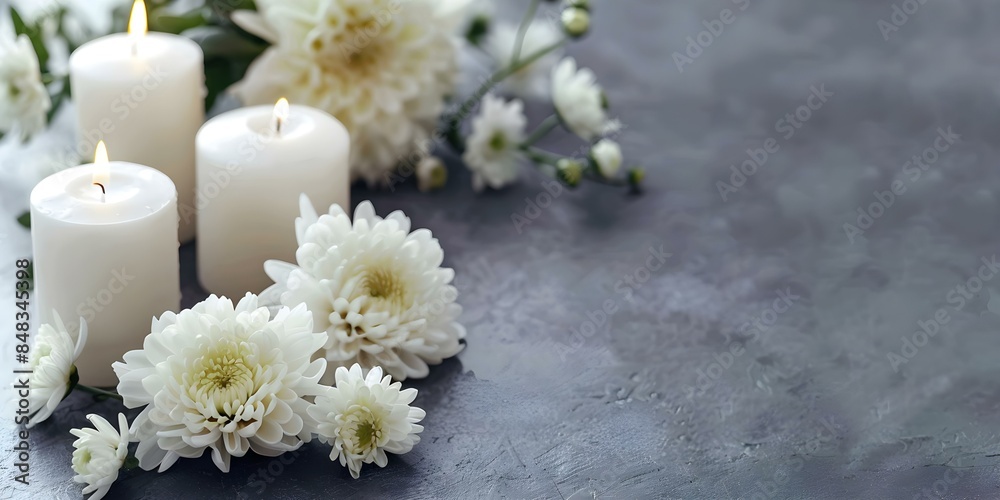 Condolence background with white candles and chrysanthemums on gray backdrop. Concept Condolence Background, White Candles, Chrysanthemums, Gray Backdrop Condolence background with white candles and chrysanthemums on gray backdrop. Concept Condolence Background, White Candles, Chrysanthemums, Gray Backdrop