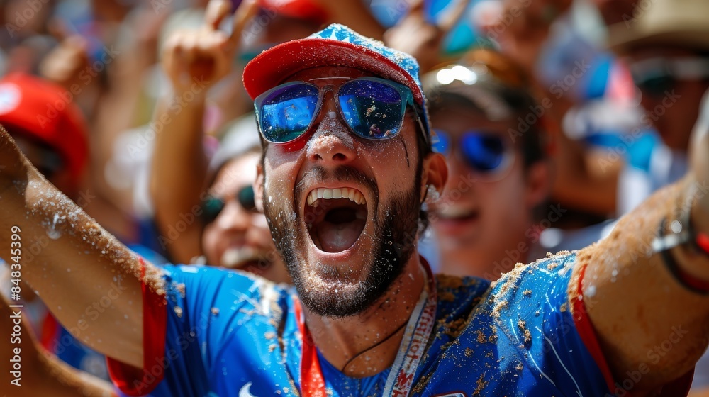 An image showing a sports fan with face blurred, wearing a team-colored outfit, arms raised in cheer, covered in confetti An image showing a sports fan with face blurred, wearing a team-colored outfit, arms raised in cheer, covered in confetti