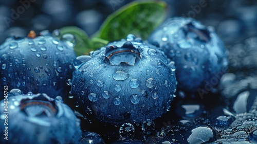 Wallpaper Mural A close-up image showcasing water droplets on blueberries with a single green leaf for contrast; emphasis on texture and freshness Torontodigital.ca