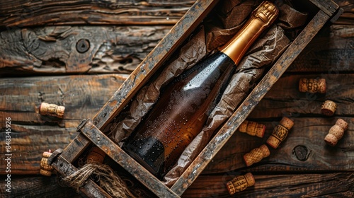 A premium champagne bottle with condensation, nestled in a rustic wooden box surrounded by corks