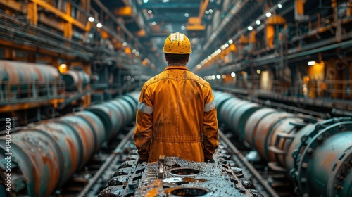 A worker in a yellow hard hat stands confidently amidst large pipes in an industrial setting