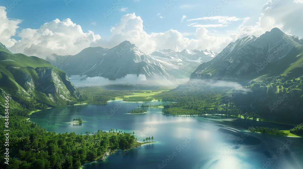 自然の風景 山々に囲まれた湖