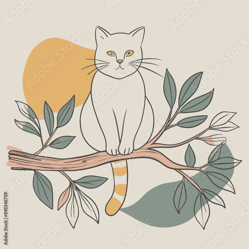 Cat sitting on a tree branch with birds
