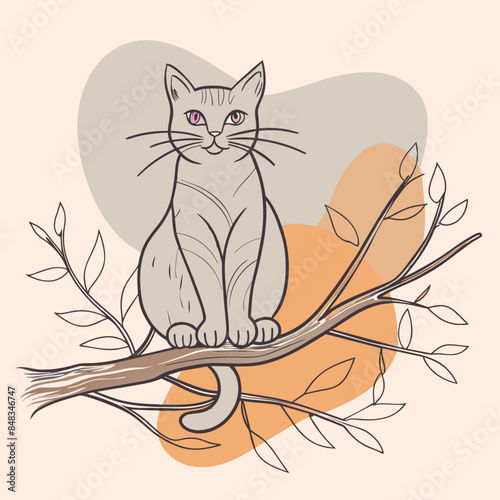 Cat sitting on a tree branch with birds
