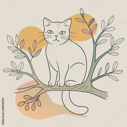 Cat sitting on a tree branch with birds
