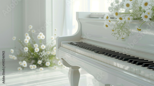 Elegant White Piano with Daisy Flowers, Bright Room, Decor