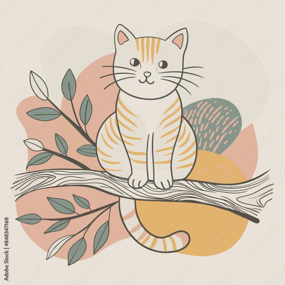 Obraz premium Cat sitting on a tree branch with birds 