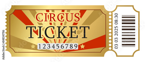 Golden circus ticket with barcode isolated on white background