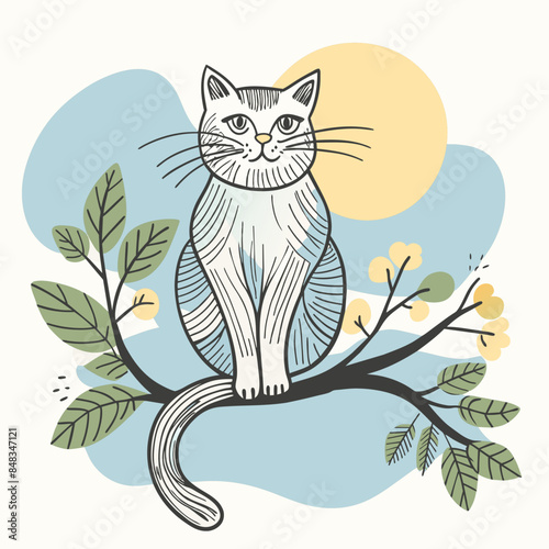 Cat sitting on a tree branch with birds
