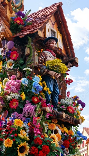 Vibrantly Decorated Oktoberfest Parade Float with Colorful Flowers and Traditional Motifs
