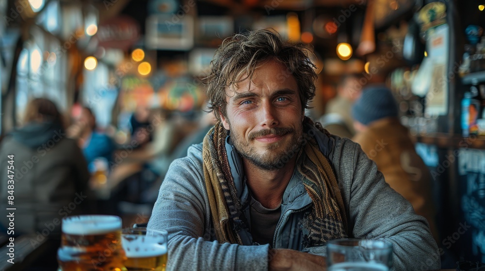 A cheerful man with a captivating smile poses at a bar with drinks in the foreground