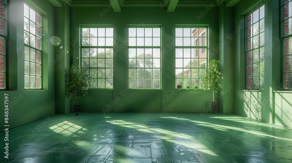 An empty room bathed in natural sunlight, featuring large windows, green walls, and potted plants