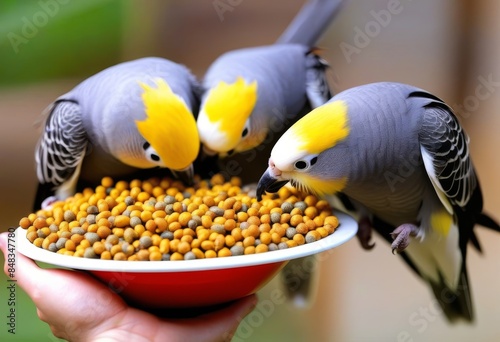 Two cockatiels perched on a saucer eating bird food with a yellow and gray color scheme