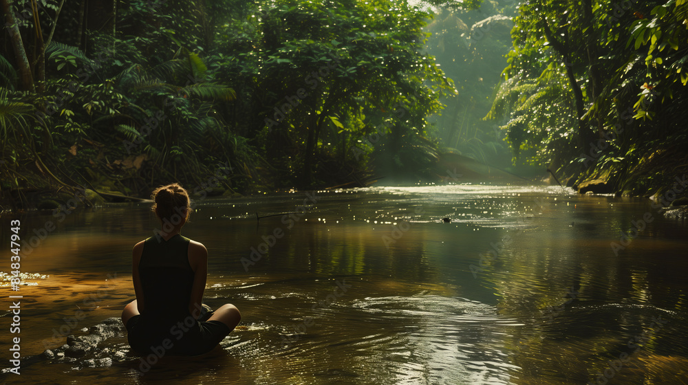 Woman Meditating by a Serene River in a Lush Forest Woman Meditating by a Serene River in a Lush Forest
