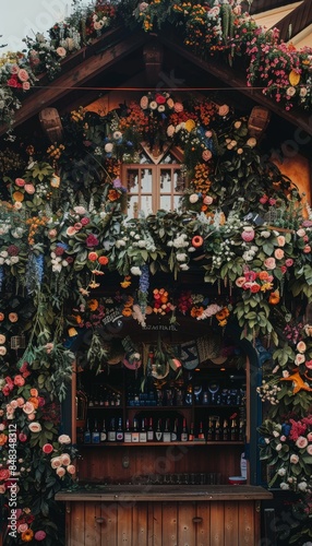 Beautifully Decorated Entrance to a Bavarian Beer Tent at Oktoberfest with Floral Arrangements and Wooden Structure