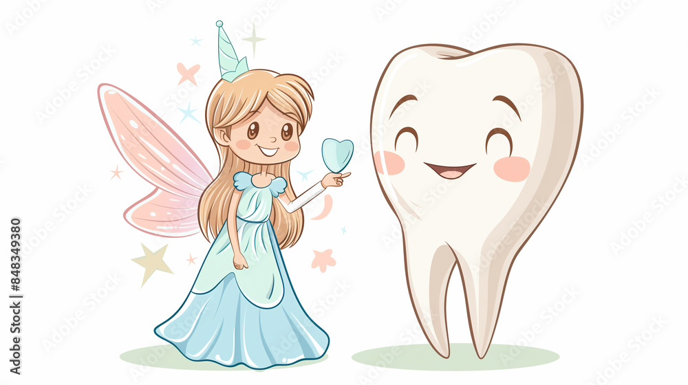 flat design, cartoon style, cute tooth fairy holding a tooth, white background. Cute fairy with a white tooth, nursery design, print for children’s book. flat design, cartoon style, cute tooth fairy holding a tooth, white background. Cute fairy with a white tooth, nursery design, print for children’s book.