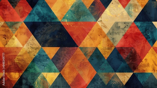 A seamless pattern of overlapping colorful triangles with a grunge texture.