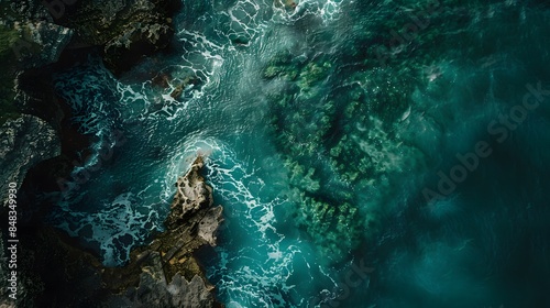 An aerial photograph showcasing the expansive ocean and rugged rocks along the coast