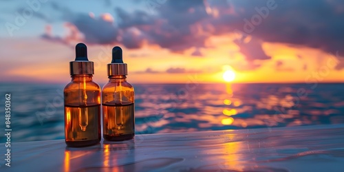 Collagen peptides serum in glass bottles against ocean sunset background. Concept Collagen Peptides Serum, Glass Bottles, Ocean Sunset, Skin Care Product, Beauty Routine