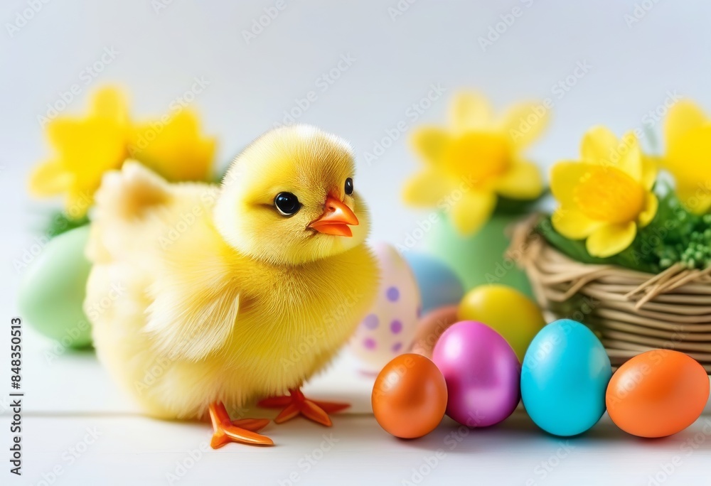 A small yellow chick with a pink bow sitting on a white background A small yellow chick with a pink bow sitting on a white background