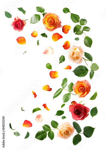 Fresh flying colorful roses and leaves isolated on white