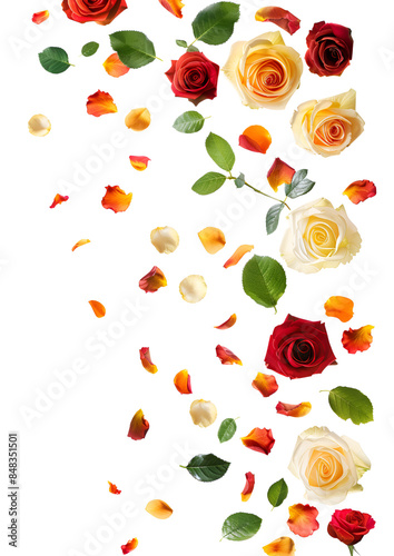 Fresh flying colorful roses and leaves isolated on white