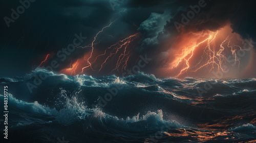 A massive thunderstorm rolling over a turbulent ocean, with bolts of lightning illuminating the dark, churning waves in the distance.