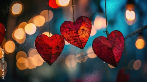 horizontal banner, Jewish Day of Love, Tu B'Av, Fifteenth of Ava, abstract, garland of hearts on a shining background, heart-shaped pendant