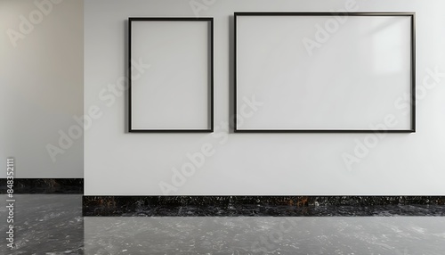 Two horizontal empty picture frames, sleek and modern, on a crisp white wall in a futuristic gallery, with a dark granite floor.