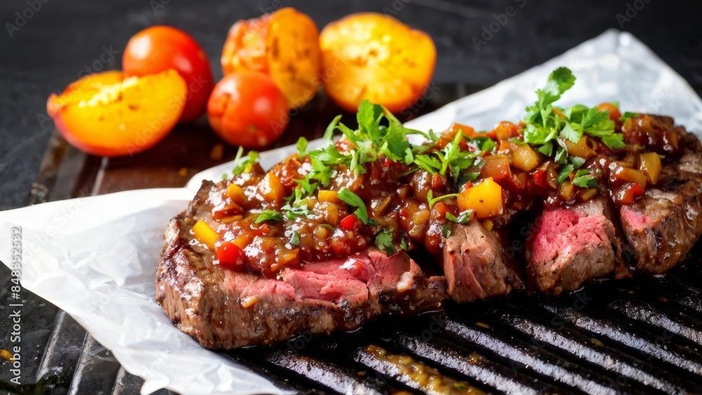 Chutney with chili peppers and peaches, spread on a grilled steak. Chutney with chili peppers and peaches, spread on a grilled steak.