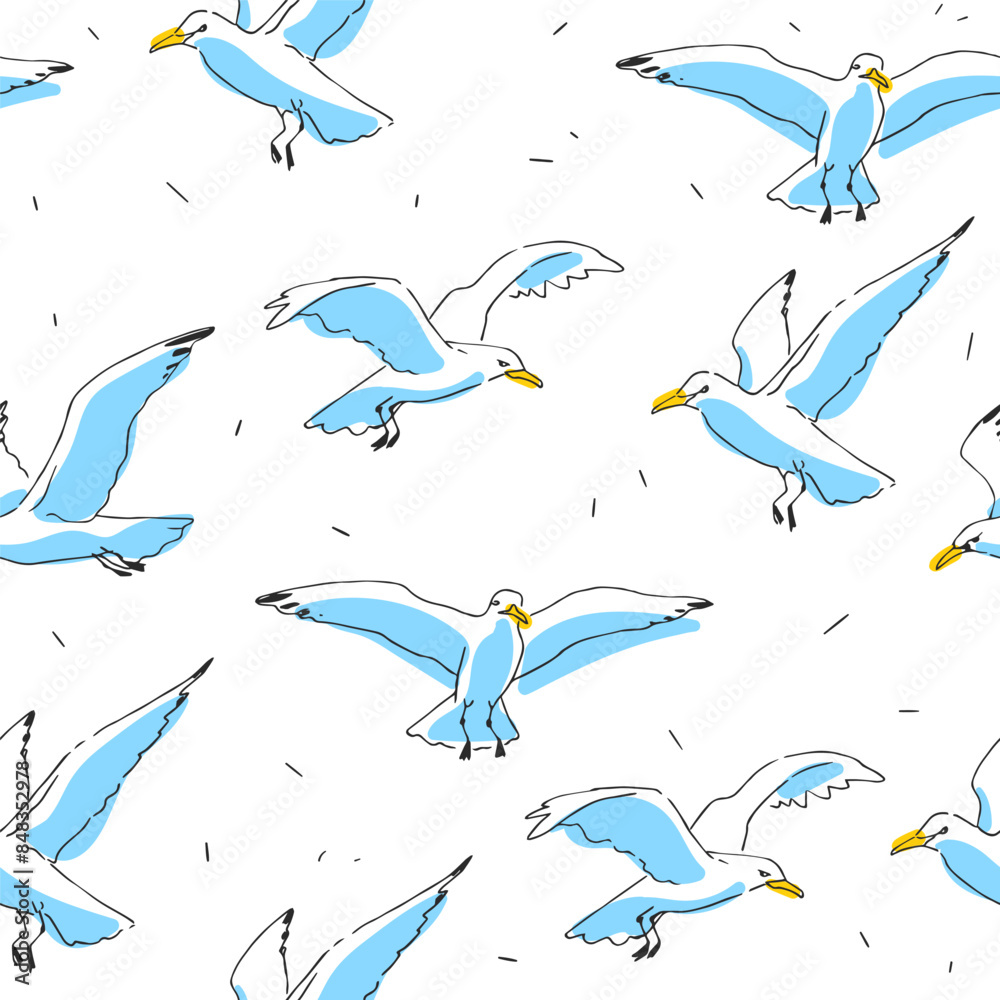 Vector hand-drawn seamless pattern with seagulls isolated on white background. Endless texture with flying gulls in sketch style. Vector hand-drawn seamless pattern with seagulls isolated on white background. Endless texture with flying gulls in sketch style.