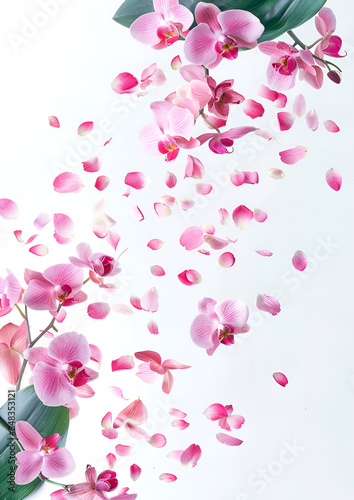 Fresh flying pink orchids and leaves isolated on white