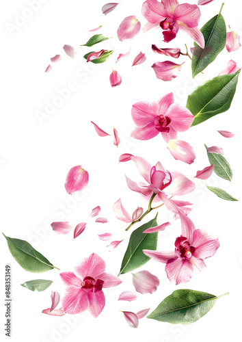 Fresh flying pink orchids and leaves isolated on white