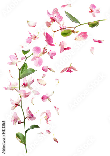 Fresh flying pink orchids and leaves isolated on white
