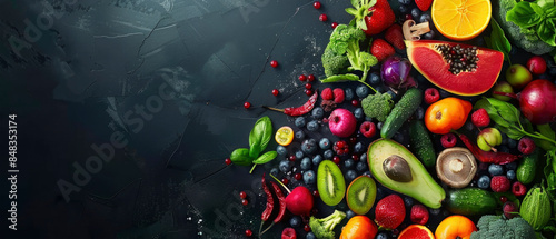 Fototapeta Naklejka Na Ścianę i Meble -  Colorful food fruits and vegetables on black background 