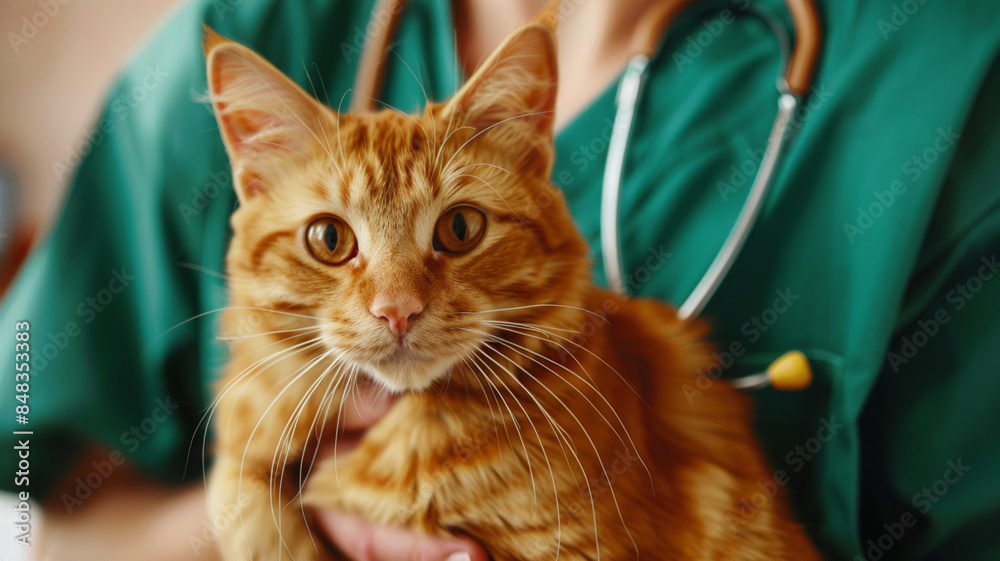 Veterinarian holding a ginger cat Veterinarian holding a ginger cat