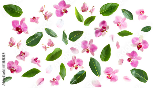 Fresh flying pink orchids and leaves isolated on white