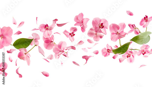 Fresh flying pink orchids and leaves isolated on white