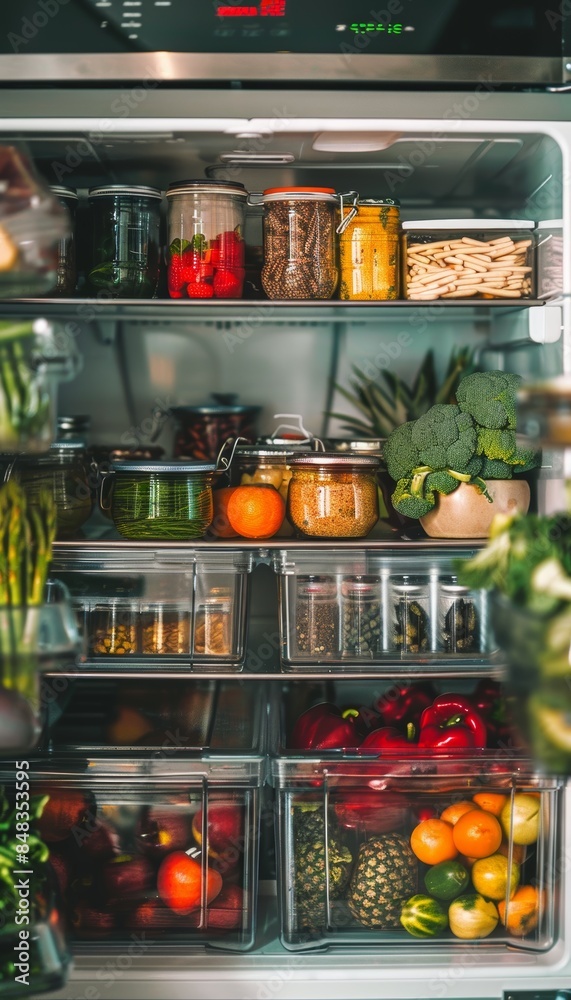 Organized Fridge with Fresh Fruits, Vegetables, and Healthy Groceries for Balanced Diet Planning Organized Fridge with Fresh Fruits, Vegetables, and Healthy Groceries for Balanced Diet Planning
