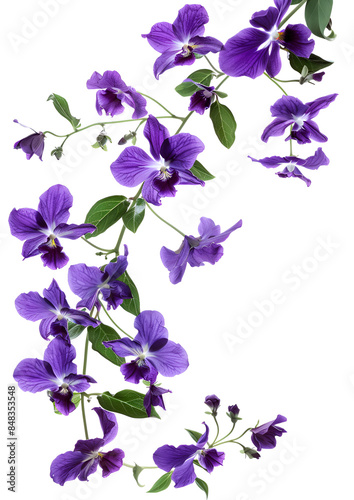 Fresh flying violet orchids and leaves isolated on white