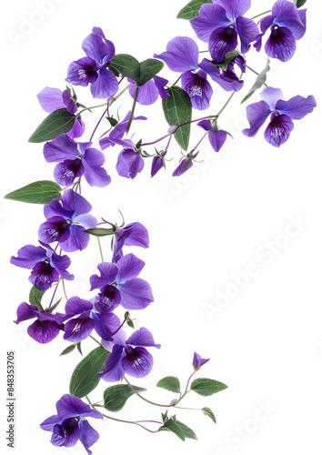 Fresh flying violet orchids and leaves isolated on white