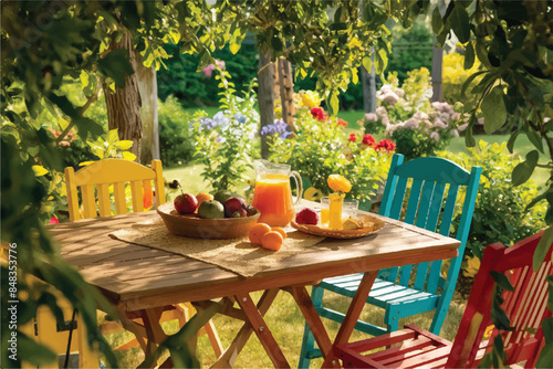 Fresh orange juice in glass beaker, slices of sliced oranges and basket on background of spring green nature with sunbeams. Vitamins and fruits. Healthy lifestyle. Spring background with orange juic