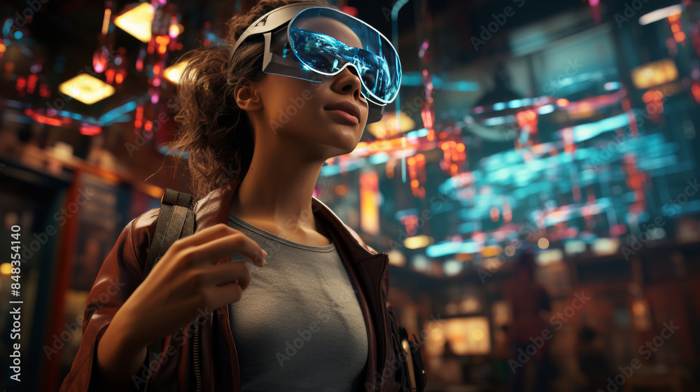 A person wearing reality glasses in a futuristic retail store A person wearing reality glasses in a futuristic retail store