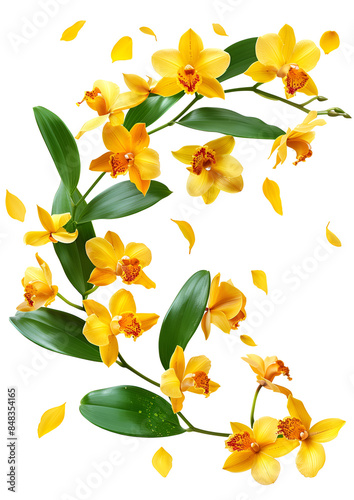 Fresh flying yellow orchids and leaves isolated on white