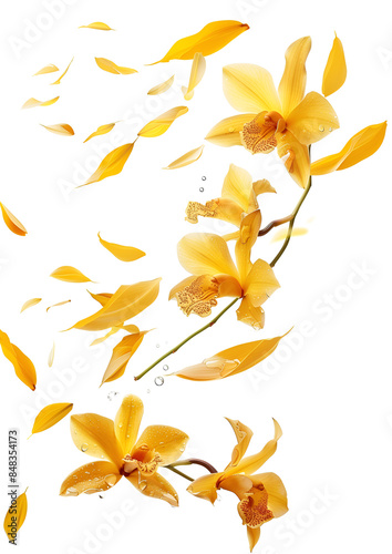Fresh flying yellow orchids and leaves isolated on white