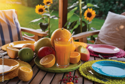 Fresh orange juice in glass beaker, slices of sliced oranges and basket on background of spring green nature with sunbeams. Vitamins and fruits. Healthy lifestyle. Spring background with orange juic