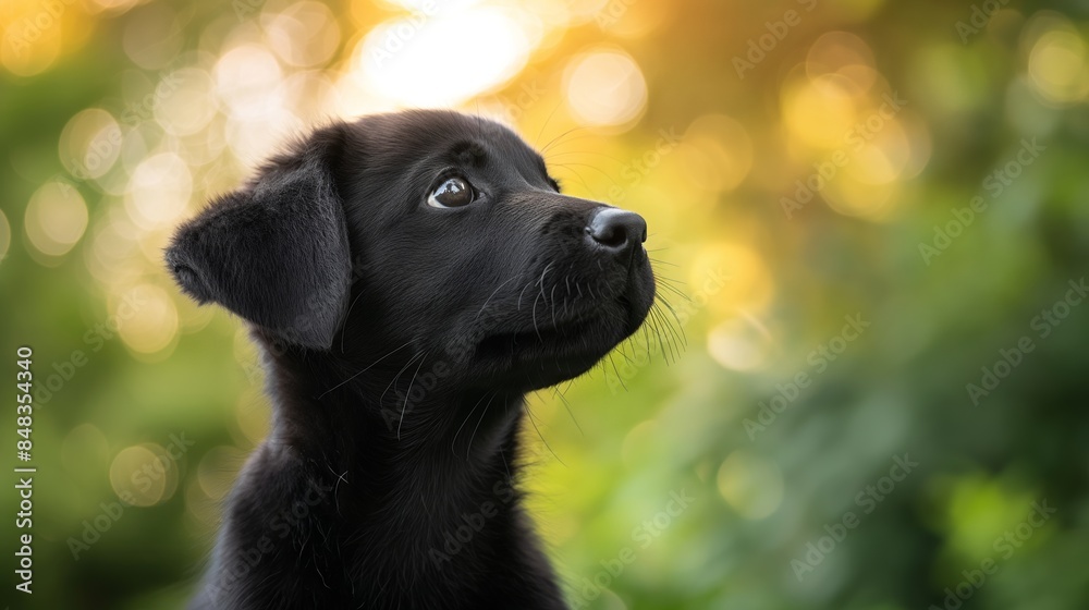 A black puppy with an inquisitive look, surrounded by the warm glow of a sunset, capturing a moment of pure innocence and wonder A black puppy with an inquisitive look, surrounded by the warm glow of a sunset, capturing a moment of pure innocence and wonder