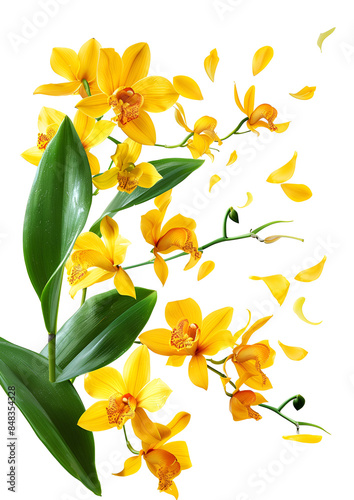 Fresh flying yellow orchids and leaves isolated on white