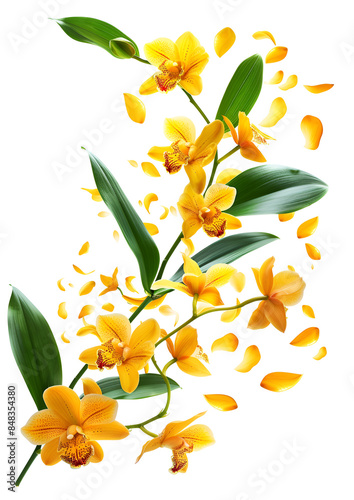 Fresh flying yellow orchids and leaves isolated on white