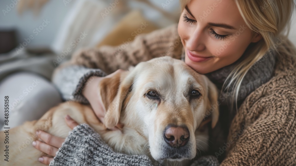 A woman cuddles her beloved dog, creating a heartwarming moment filled with comfort and mutual affection.